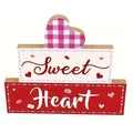 Close-up of Valentine's Day wooden tiered sign featuring Sweet Heart text and heart shapes - Plaid Heart Style (C)