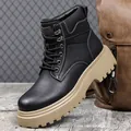 Bottes de travail en cuir noir avec semelle épaisse beige pour homme en hiver - 38 / Ballerines / Noir