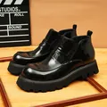 Men's shiny black leather Chelsea boots with thick lug sole and penny loafer strap detail - 37 / Black
