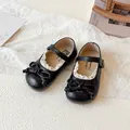 Élégantes chaussures Mary Jane en cuir noir pour fille avec nœud et bordure en dentelle - Taille 21 Longueur Intérieure env. 14cm / Noir