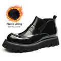 Men's stylish glossy black leather winter boots featuring a warm plush fleece interior - 37 / Fleece Lined Black