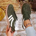 Retro women's green suede German Army Trainers casual sneakers with white stripes and gum sole - 36 / Dark Green
