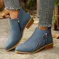 Elegantes botines de cuero sintético azul para mujer con cremallera lateral y tacón bajo - 36 / Azul