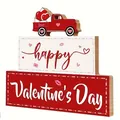 Close-up of tiered wooden Valentine's Day sign with red truck and heart motifs - Red Truck Style (B)