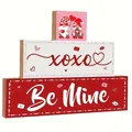 Detailed view of a three-tier wooden Valentine's Day sign with cute gnomes and XOXO - Pink Gnome Style (A)