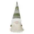 Close-up detail of festive knitted Christmas gnome doll with soft plush beard and green hat - 13*10*33cm / Green