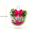 30cm Round wooden watermelon welcome door sign with hello summer text and pink bow - Summer