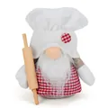 Close-up of chef gnome plush holding a wooden rolling pin with red checkered apron - Rolling Pin Gnome / 18*16*21cm
