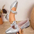 Elegant silver metallic Mary Jane flat shoes featuring cute rabbit ear bow details for women - 35 / Silver