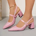 Elegant pink patent leather pointed-toe slingback sandals with chunky block heels. - 36 / Pink