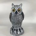 Detailed front view of a realistic plastic owl decoy statue for garden pest control - Pointed Ears / Red Back (Sharp Ear)