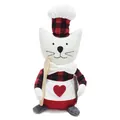 Detail view of a handmade chef cat plush with a checkered shirt and wooden spoon - Chef Cat Ornament / 14x13x30cm