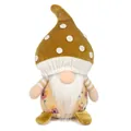 Detailed view of handmade mushroom gnome plush with floral pattern and white beard - Yellow Mushroom Style / Gold