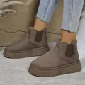 Braune Damen-Schneestiefel mit dicker Sohle, warmem Kunstfellfutter und Gummizug-Detail - Khaki