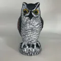 Detailed front view of a realistic plastic owl decoy with large yellow eyes for garden - Round Ears / Red Back (Round Ear)