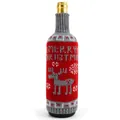 Detailed view of red knitted Christmas wine bottle sleeve with reindeer and text pattern - Red Gray Deer / 1 Piece