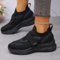 Stylish black breathable platform sneakers featuring rhinestone velcro straps for women - 36 / Black