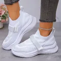 Stylish white rhinestone sneakers with velcro strap and chunky breathable sole for women - 36 / White