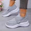 Grey knit platform sneakers with sparkling rhinestones and Velcro strap closure - 36 / Light Gray