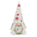 Detailed view of plush gnome doll with fruit pattern hat and white braided hair - Female Style