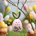 Pink Easter egg hanging ornament with cute bunny ears and floral pattern on a branch. - Floral Smile Style (Style 1)