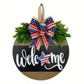 Panneau de bienvenue patriotique pour porte Jour de l'Indépendance avec nœud - Style Welcome Texte Blanc (Style 4)