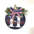 Patriotic Independence Day front door hanger wreath with Welcome sign and flag bow - Monogram H Welcome Style (Style 1)