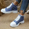 Stylish blue denim high-top sneakers for women featuring thick white soles and lining - 36 / Blue