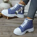 Women's blue denim high-top canvas boots with leopard detail and warm fur lining - 36 / Blue