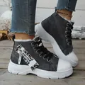 Stylish grey denim high-top boots featuring leopard print accents and thick white soles - 36 / Black