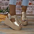 Elegant champagne gold wedge platform sandals with peep toe and side zipper details - Gold
