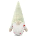 Detailed view of a plush Christmas gnome with green plaid hat and fruit patterned body - Male Style