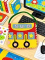 Close-up of a DIY handmade bus bag for children featuring felt star and flower patches - Car Bag