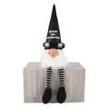 Detailed view of rocker gnome sitting on a wooden block with KEEP ON ROCKING hat - 14x13x57cm / Hanging Leg Open Mouth Style
