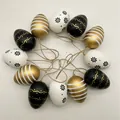 Set of 12 black gold and white painted Easter eggs with hanging twine - Black Gold Stripe Floral Pattern (p Style) / Set of 12