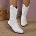 Fashionable white mid-calf cowboy boots with chunky heel and pointed toe - 36 / White