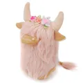 Close-up detail of a pink Highland Cow plush toy with shaggy fur and floral headband decoration - Highland Cow Gnome Style (BH245020F) / 13*9*18cm / Pink
