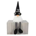 Detail of a cool rock gnome ornament wearing sunglasses and black 'Keep On Rocking' leather hat. - 13x13x57cm / Hanging Leg White Beard Style