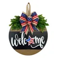 Patriotic Independence Day round wooden door hanger sign with flag bow decoration - White Text Welcome Style (Style 4)
