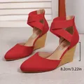 Elegant red pointed-toe wedge sandals with elastic cross ankle straps and high heel. - 35 / Red