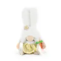 Close-up of a plush Easter bunny gnome holding a carrot featuring a yellow striped dress - Braids Style (Female)