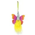 Detailed view of a handmade butterfly gnome ornament with yellow fur and plaid hat - Rose Green