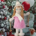 Handmade Christmas elf doll variant in pink plush dress with miniature ski poles - Pink Skier Style (K-C0101)