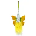 Close-up detail of yellow beard butterfly gnome plush elf hanging ornament decoration - New Green