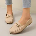 Women's beige loafers with sparkling rhinestone metal chain buckle in British retro style - 36 / Rhinestone Chain Style / Khaki