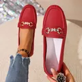 Elegant red leather loafers for women featuring a vintage metal bow buckle detail. - 36 / Rhinestone Butterfly / Red