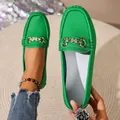 Chic green women's loafers with a retro metal buckle and textured litchi finish - 36 / Rhinestone Butterfly / Green