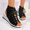 Stylish black lace-up peep-toe wedge sandals for women with a sleek silver heel detail - 38 / Black
