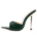 Elegant dark green snakeskin stiletto mule sandals featuring a sleek gold-tone heel - 35 / Dark Green