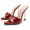 Elegant red crocodile pattern mule sandals with stylish gold stiletto high heels - Burgundy